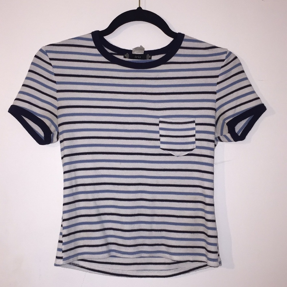 Blue Striped Short Sleeve Crop Top